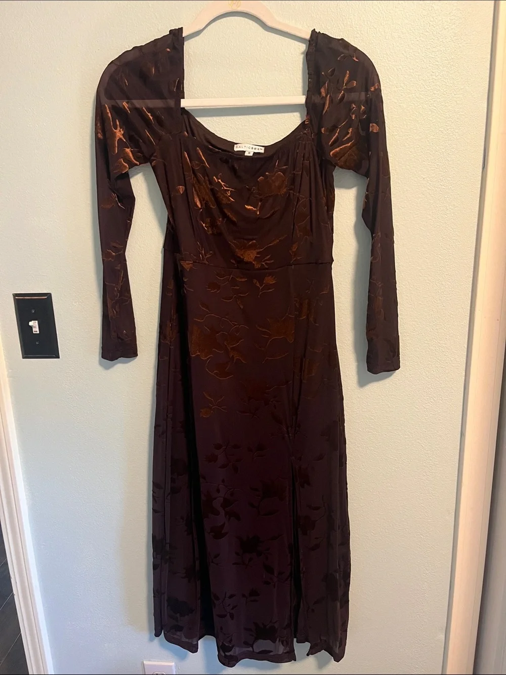 Baltic Born Brown Floral Burnout Velvet Long-Sleeve Maxi Dress
